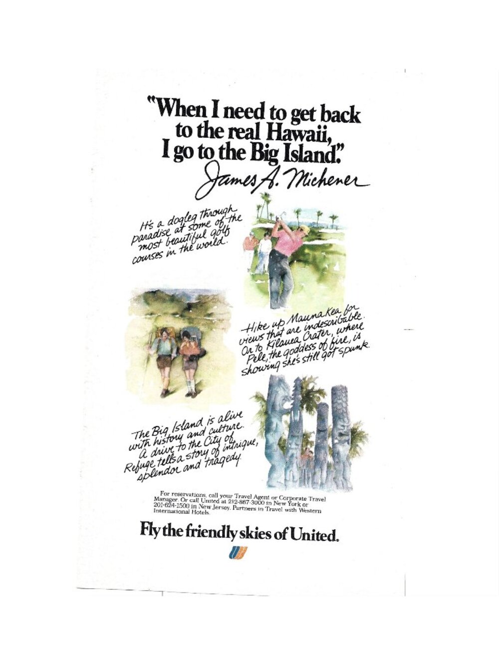 Print Ad United Airlines Hawaii Big Island James Michener Vintage 1979 Golf